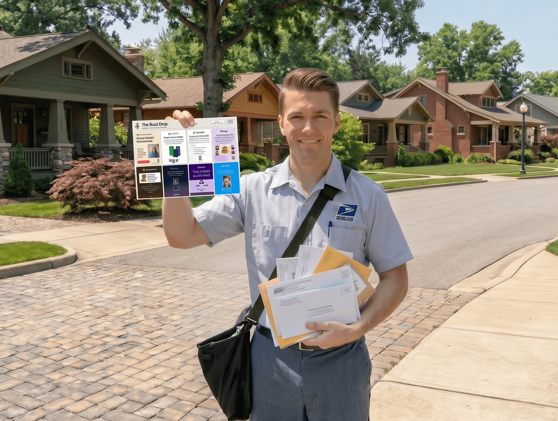 Mail carrier holding a Shop Top Brands Drop card on a residential street