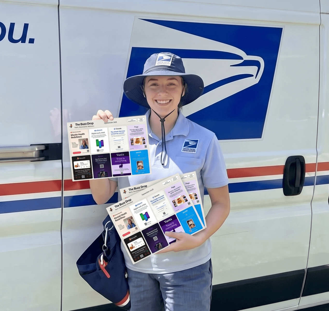 Mail carrier holding Shop Top Brands Drop mailers in front of a USPS truck