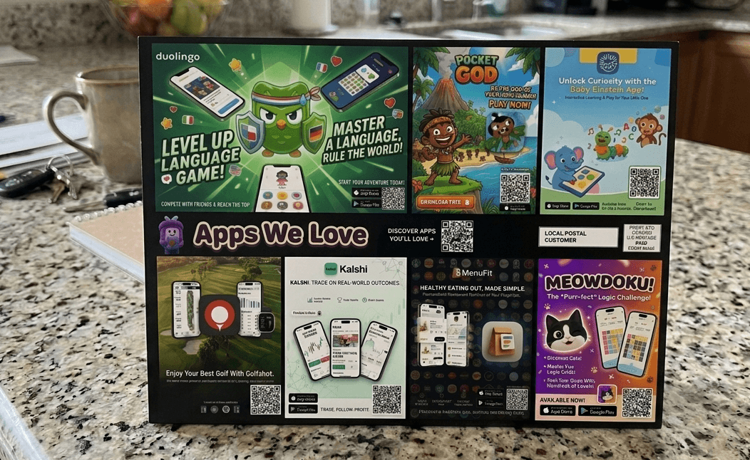 Front of the printed Shop Top Brands Drop card showing brand placements