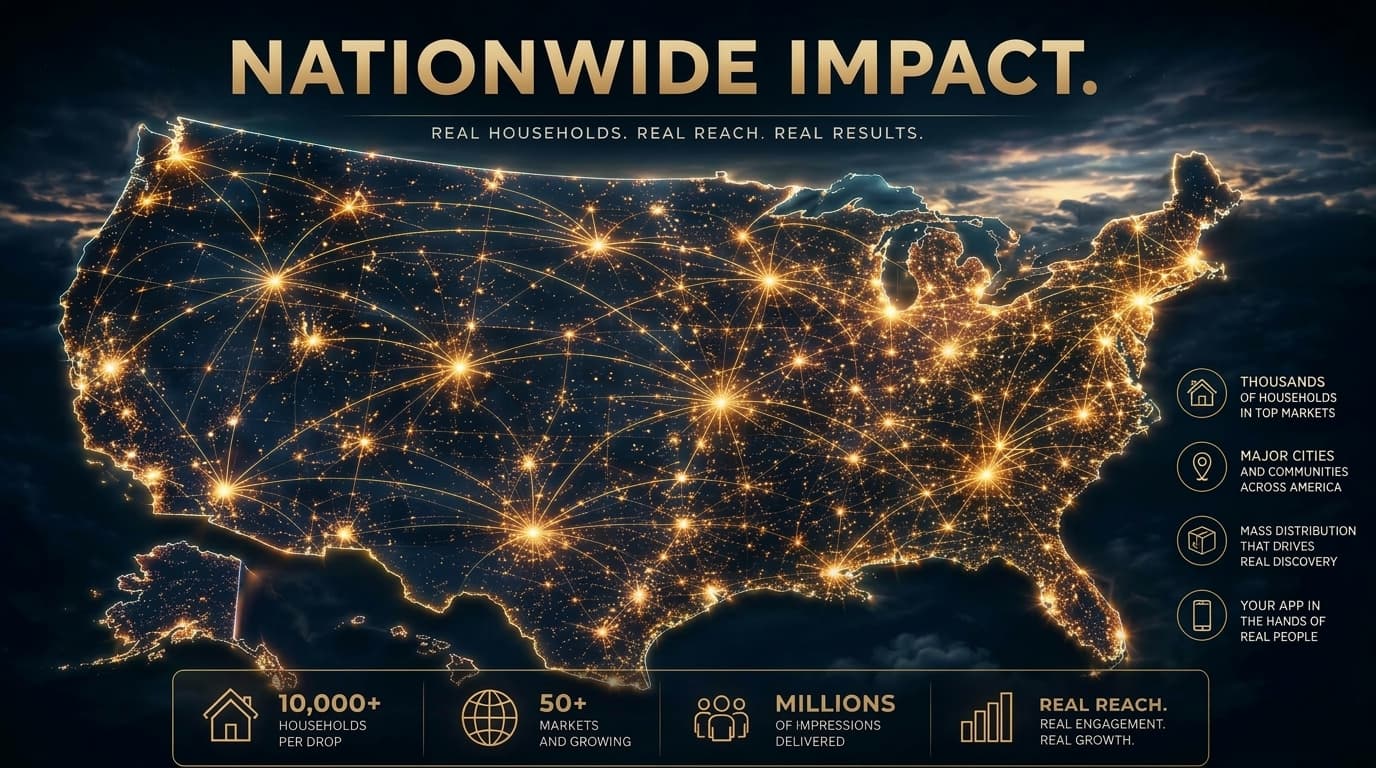 Map of the United States highlighting the Shop Top Brands local mail drop markets